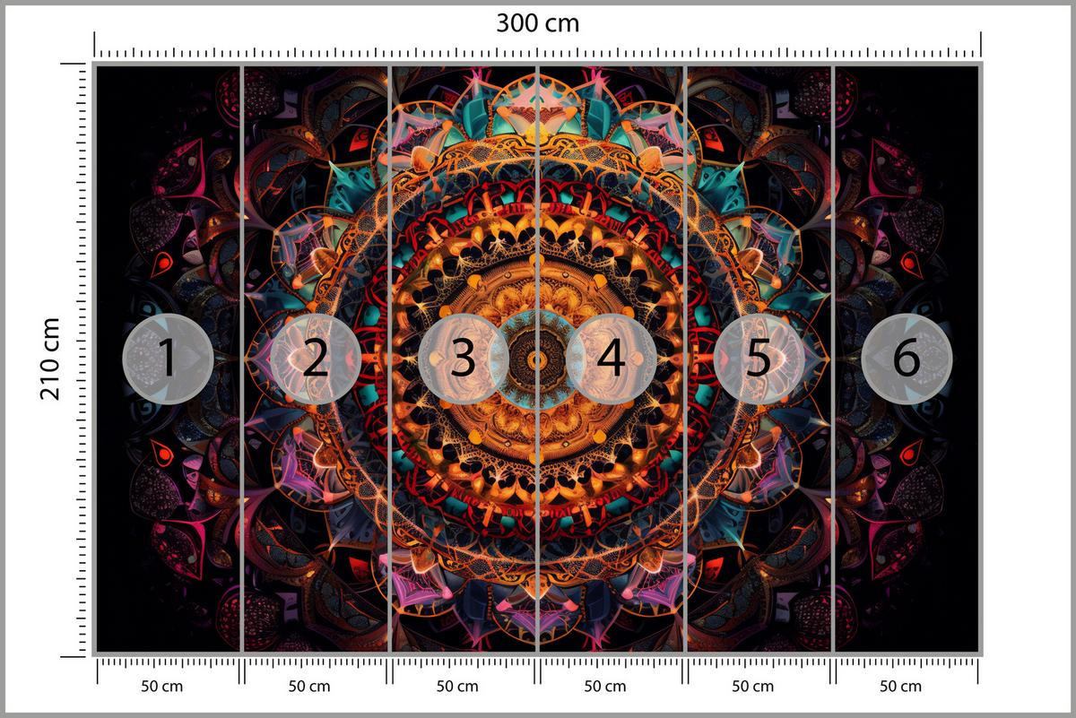 FOTOTAPETE für Schlafzimmer Bunte Mandala Vintage Orientalisch Harmonisch 300x210 - Gelb/Rot, Papier (300/210cm) - Muralo