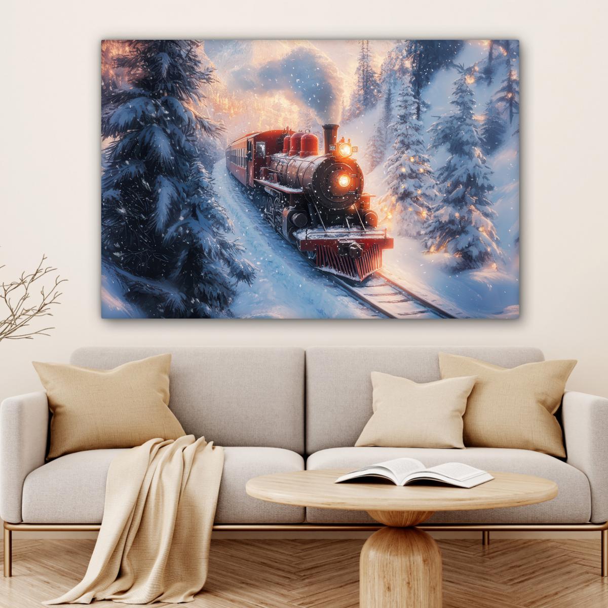 LEINWANDBILD Weihnachtszug - Schnee - Winter - Weihnachten Groß 140x90 cm - Dunkelrot, Textil (140/90cm) - MuchoWow
