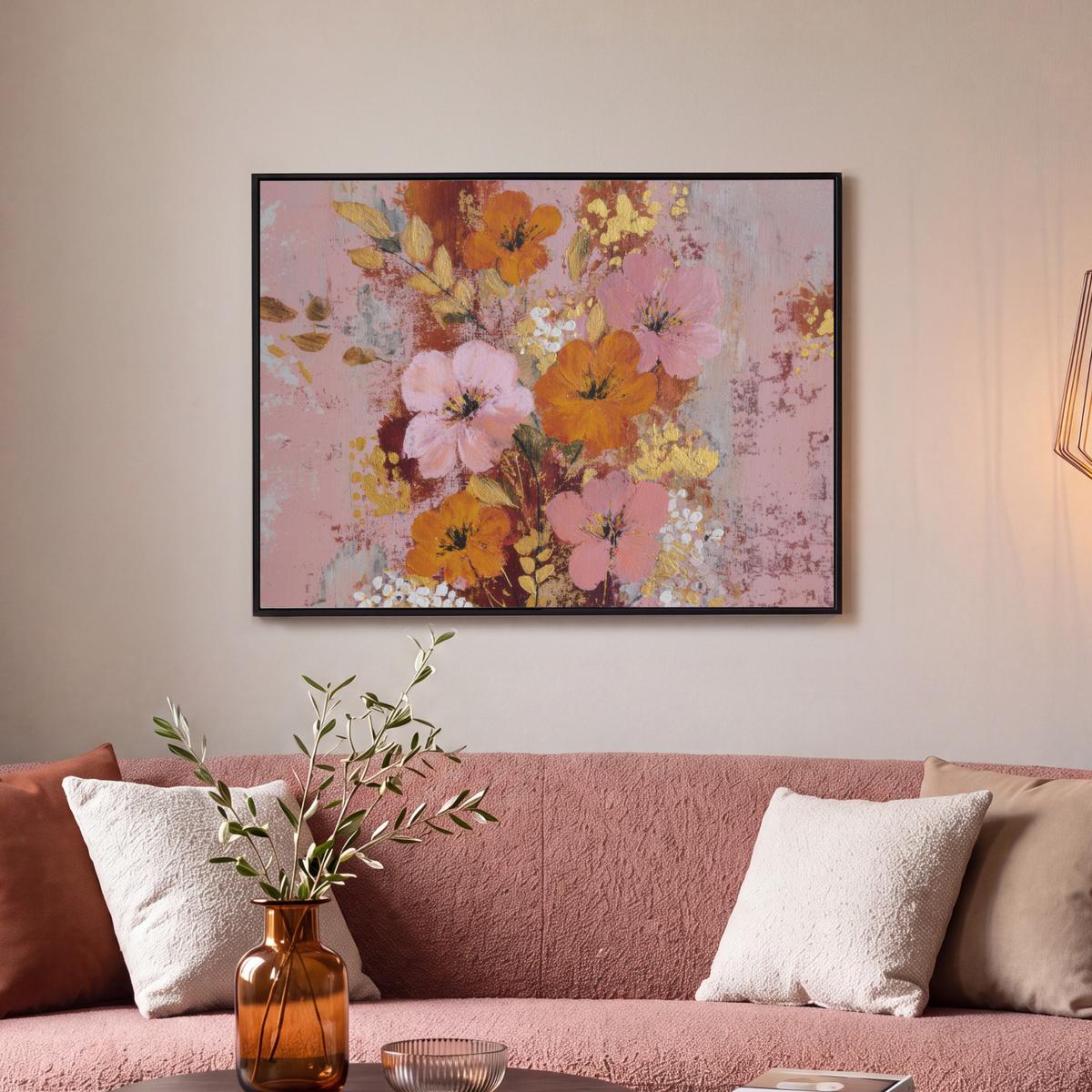 LEINWAND Bilder mit Rahmen - Malerei - Blumen - Rustikal - Rosa - 80x60 - Altrosa, Textil (80/60cm) - MuchoWow