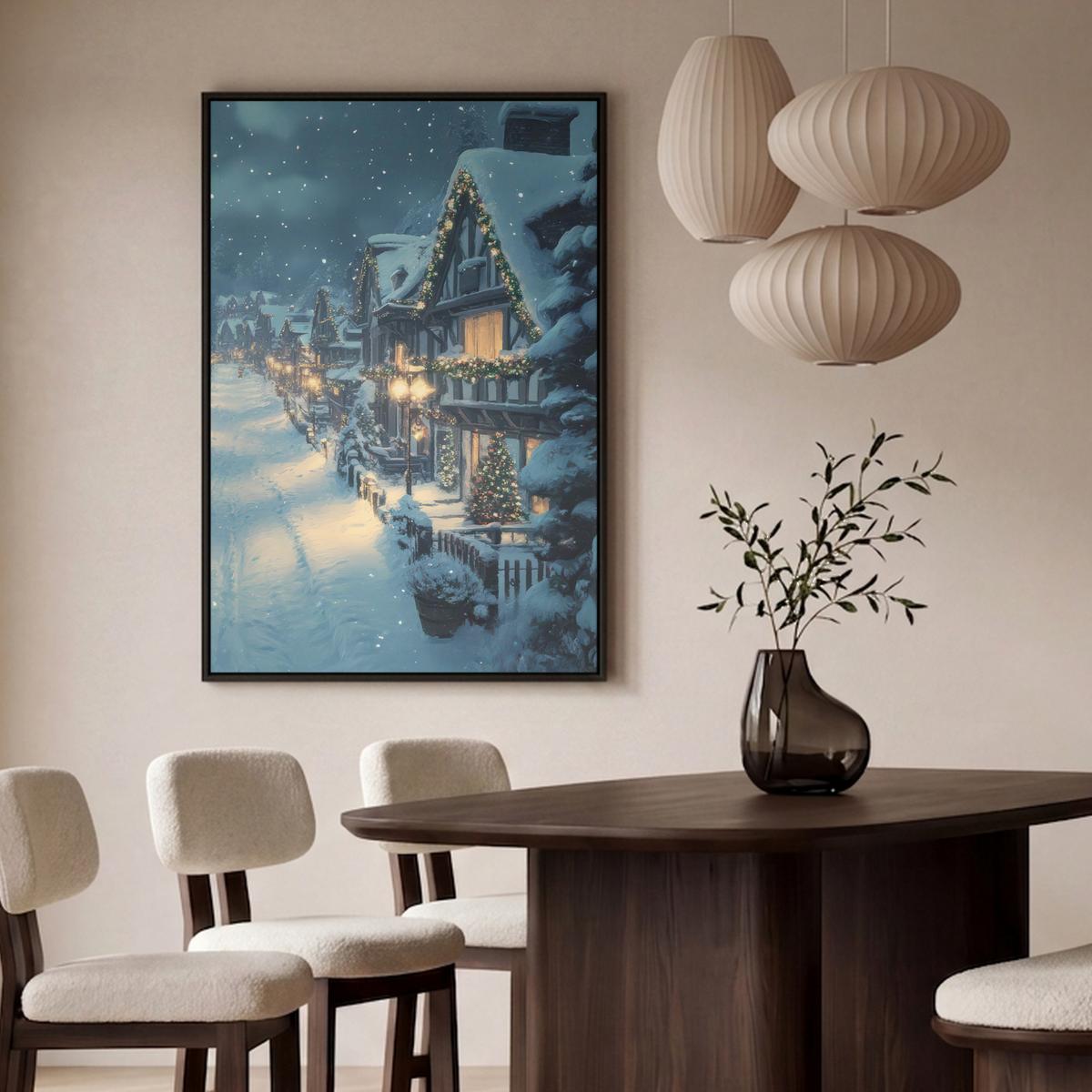 LEINWAND Bilder mit Rahmen - Weihnachtsdorf - Weihnachten - Schnee - Winter - 90x140 - Dunkelblau, Textil (90/140cm) - MuchoWow