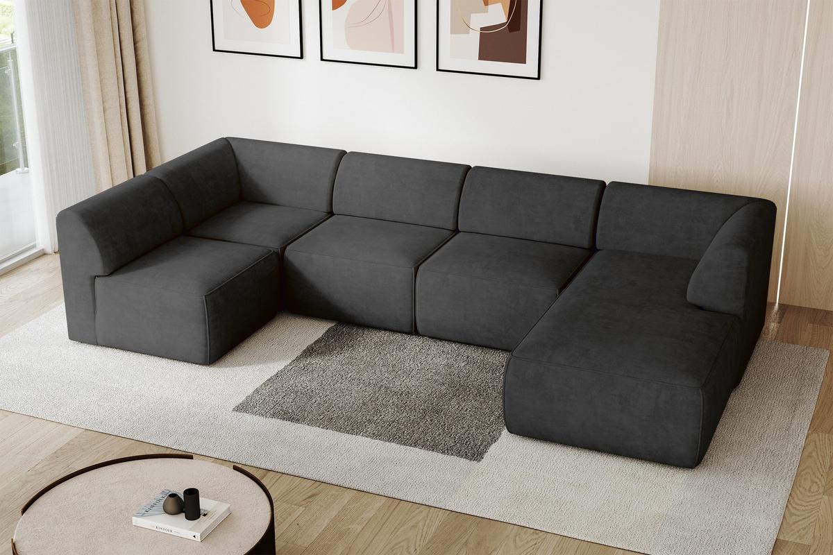 WOHNLANDSCHAFT Ottomane Rechts MOVA 345x180x78 Schwarz Velours - Schwarz, Holzwerkstoff/Kunststoff (345/78/180cm) - ALTDECOR