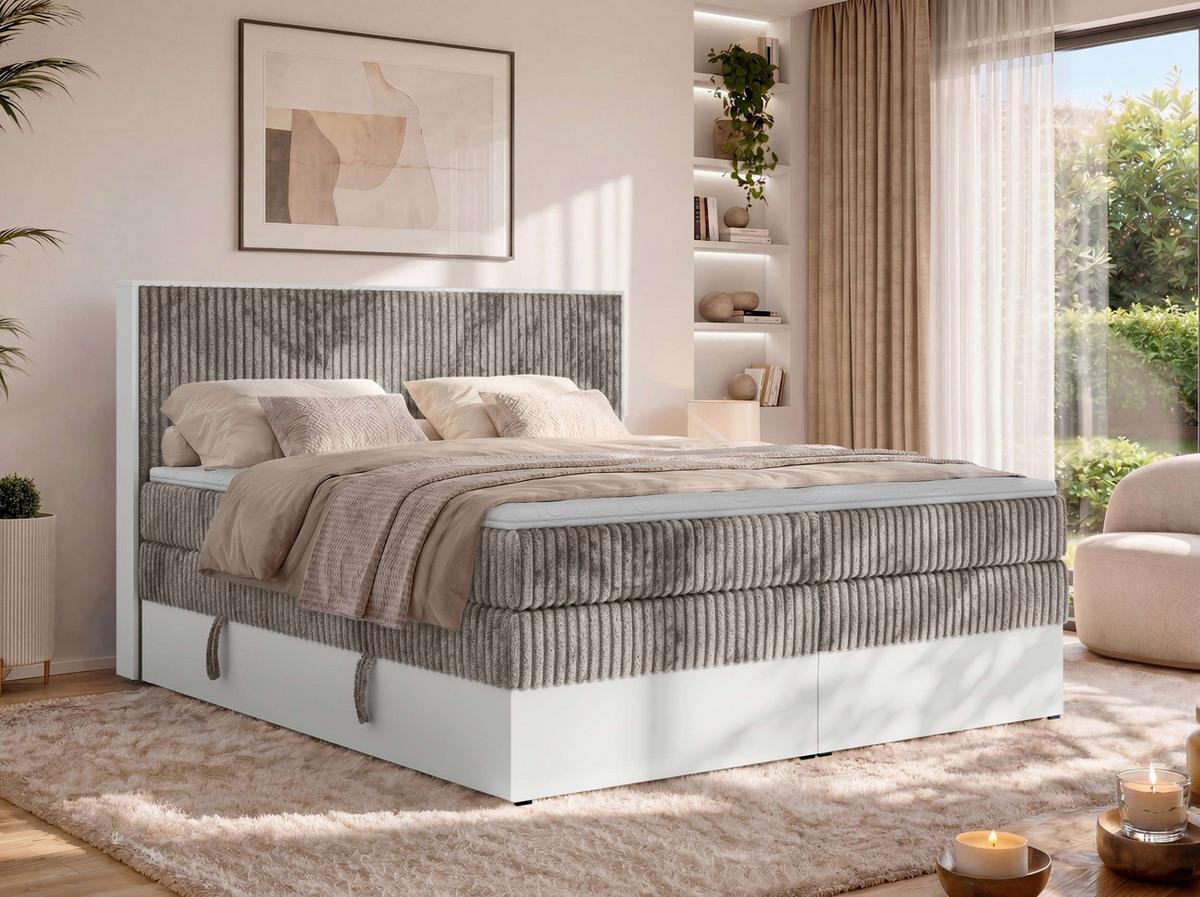 BOXSPRINGBETT TRAVIT KING 140/200 - Hellbraun Cord - Topper Visco - H3 - Hellbraun/Schwarz, Kunststoff/Textil (140/200cm) - MKS