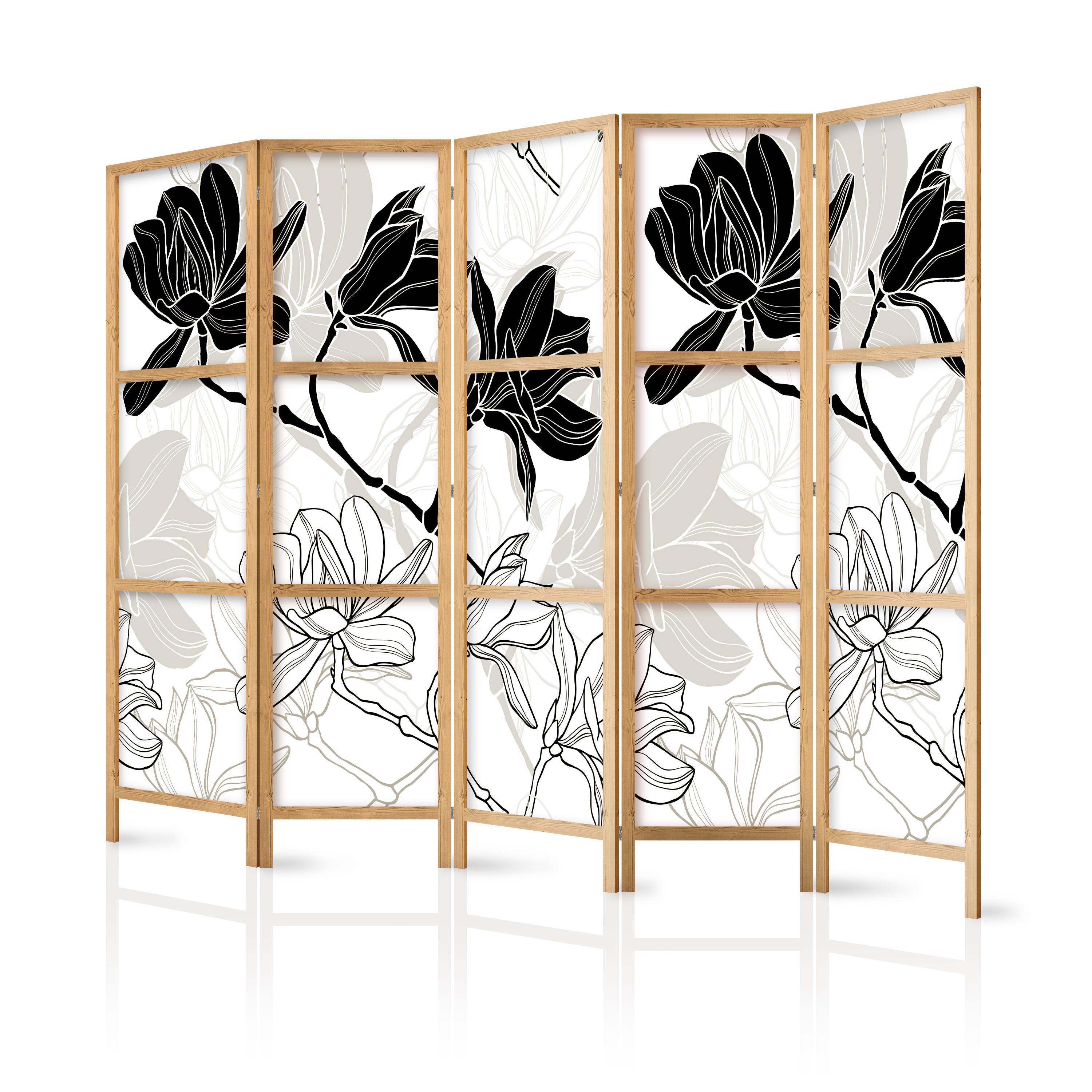 PARAVENT Japanischer 5-tlg 225x172 cm Schwarz-Wei e Magnolien - Multicolor, Holz/Textil (225/172/3cm) - Muralo