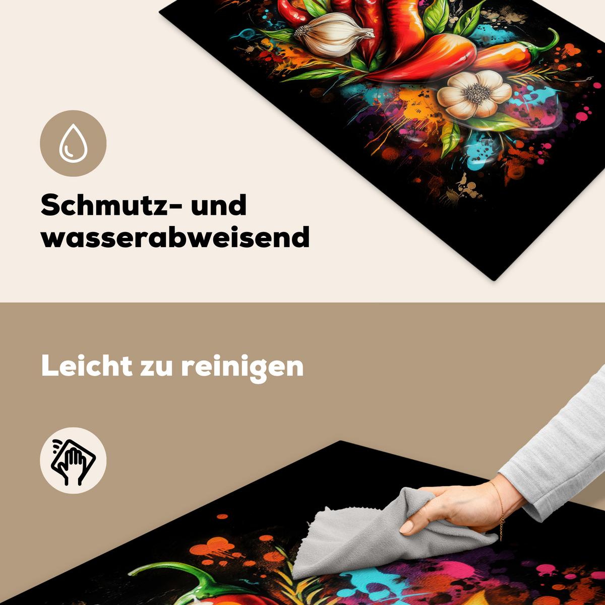 HERDABDECKPLATTE Gemüse - Paprika - Knoblauch - Graffiti - Farbe - Bunt Induktionsschutz 89.6x51.6 cm - Rot, Kunststoff (89.6/51.6/0.2cm) - MuchoWow