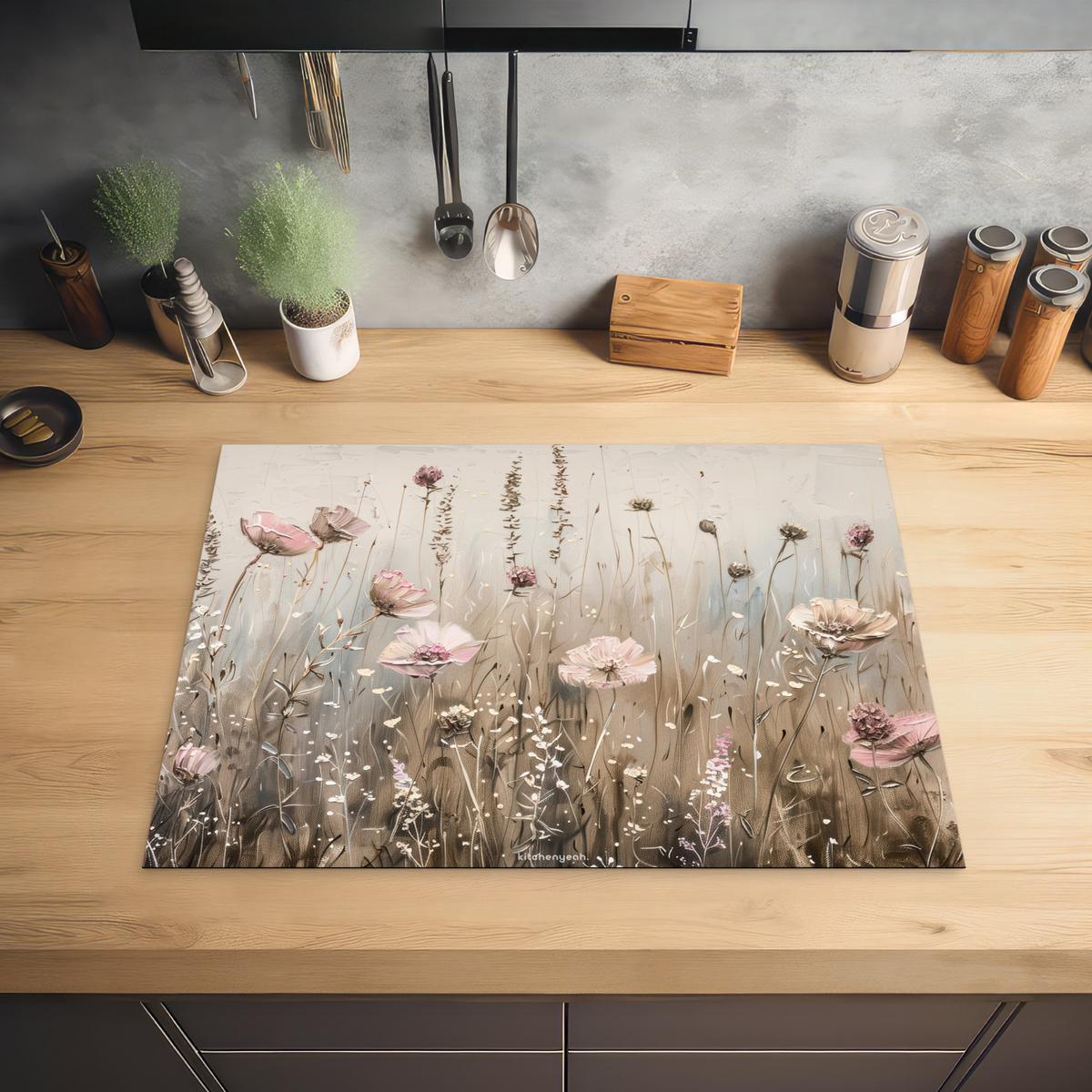 HERDABDECKPLATTE Blumen - Beige - Trockenblumen Herdabdeckung Induktionsfeld 70x52 cm - Beige, Kunststoff (70/52/0.2cm) - MuchoWow