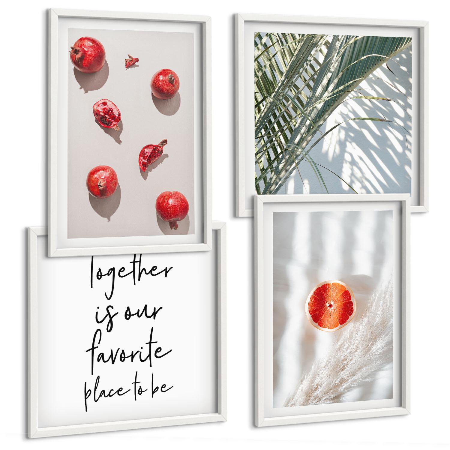 BILDER SET 4er Set - 50x50 cm & 40x60 cm Weißer Rahmen - Feiertags-Palmenfrucht-Inschrift - Weiß, Kunststoff (50/50cm) - TULUP