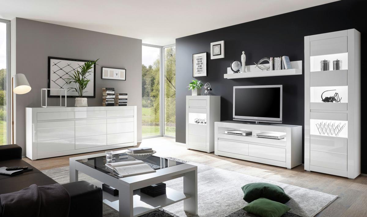 VITRINE Hochglanz weiß, mit weiß oder grau, Kommode 66 x 112 cm Soft-Close-Funktion - Weiß Hochglanz/Weiß, Glas/Holzwerkstoff (66/112/35cm) - Furn.Design