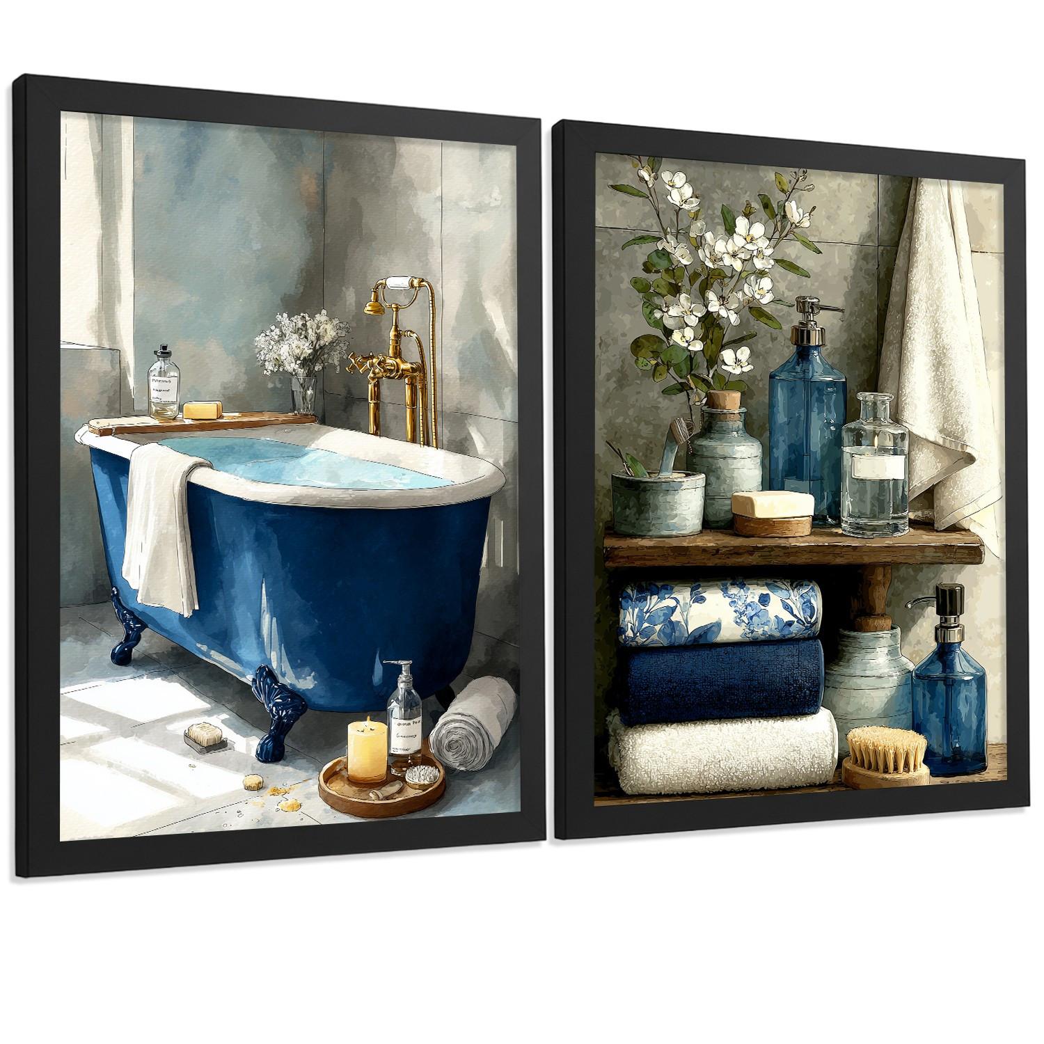 POSTER 2er-Set dekorative Badezimmer-Poster, moderne Wandbilder für Waschbecken, elegante Dekoration mit blauer Badewanne Schwarzer Rahmen A3 - Schwarz, Papier (42/29.7/3cm) - Nacnic