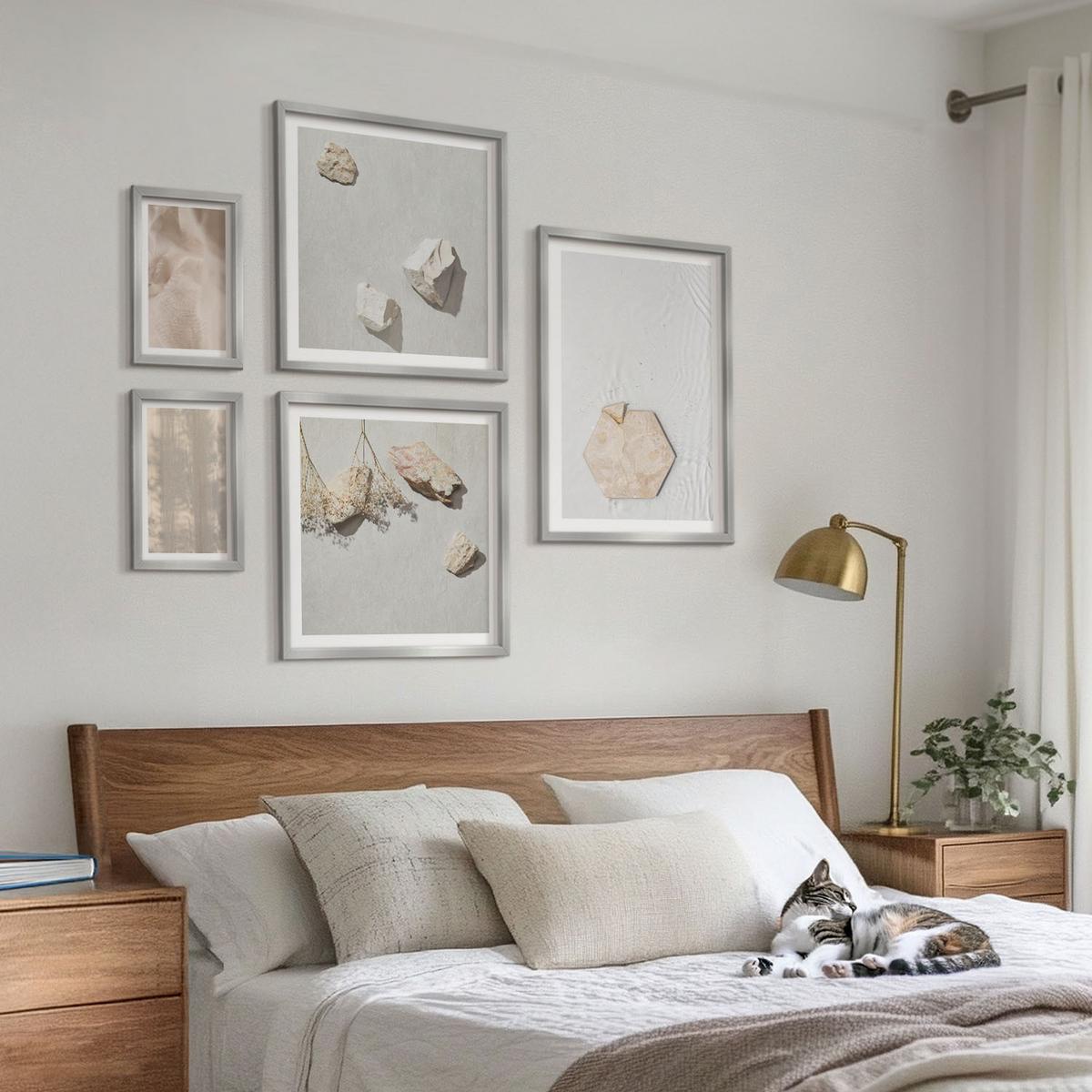 BILDER SET 5er Set - 50x50 cm & 20x30 cm & 40x60 cm Silberner Rahmen - Dezente Boho-Naturtexturen - Silberfarben, Kunststoff (40/60cm) - TULUP