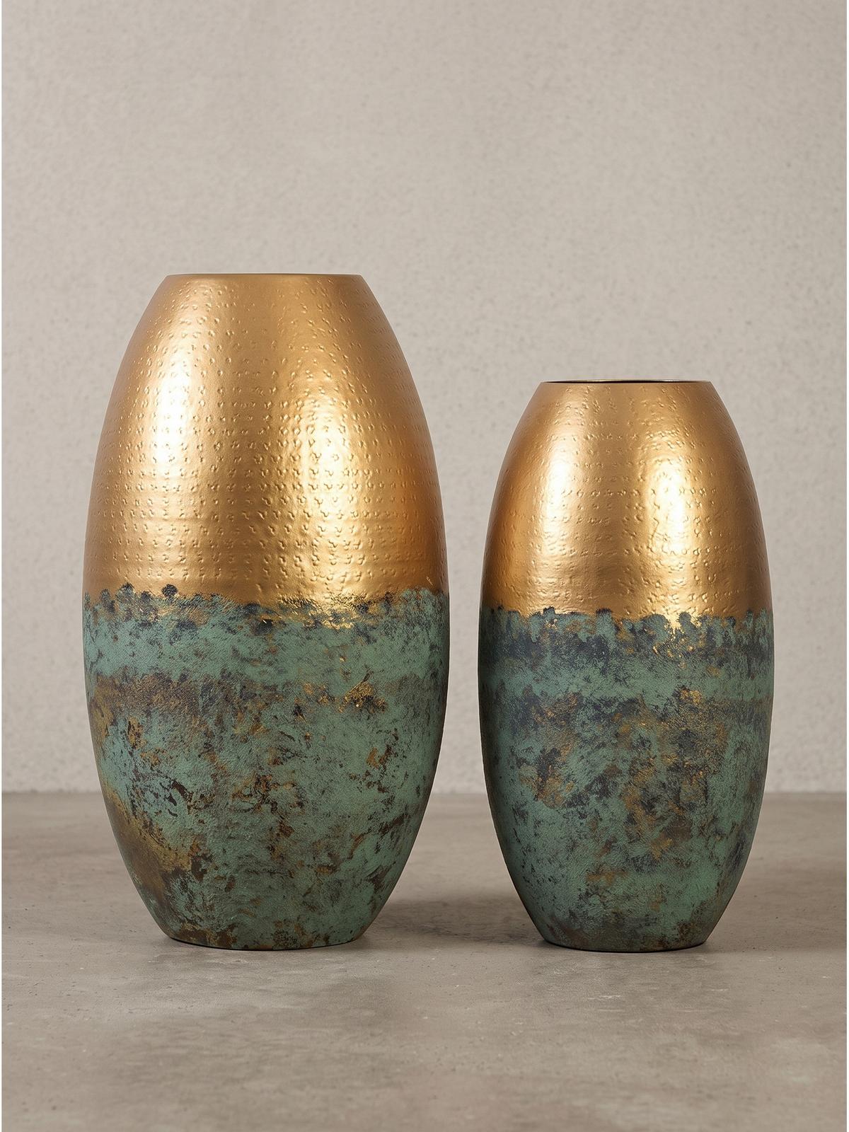 VASEN 2er-Set ENZ, Aluminium, handgefertigt, Grün-Gold, Ø 25 x 47 cm - Grün, Metall (47cm) - KADIMA DESIGN