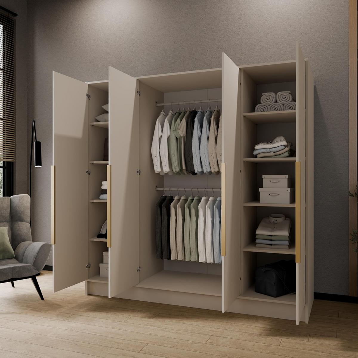 DREHTÜRENSCHRANK Pavia ohne Spiegel, Kaschmir mit goldenen Griffen, 200 cm - Kaschmir/Goldfarben, Holzwerkstoff (200/200/51cm) - Beautysofa