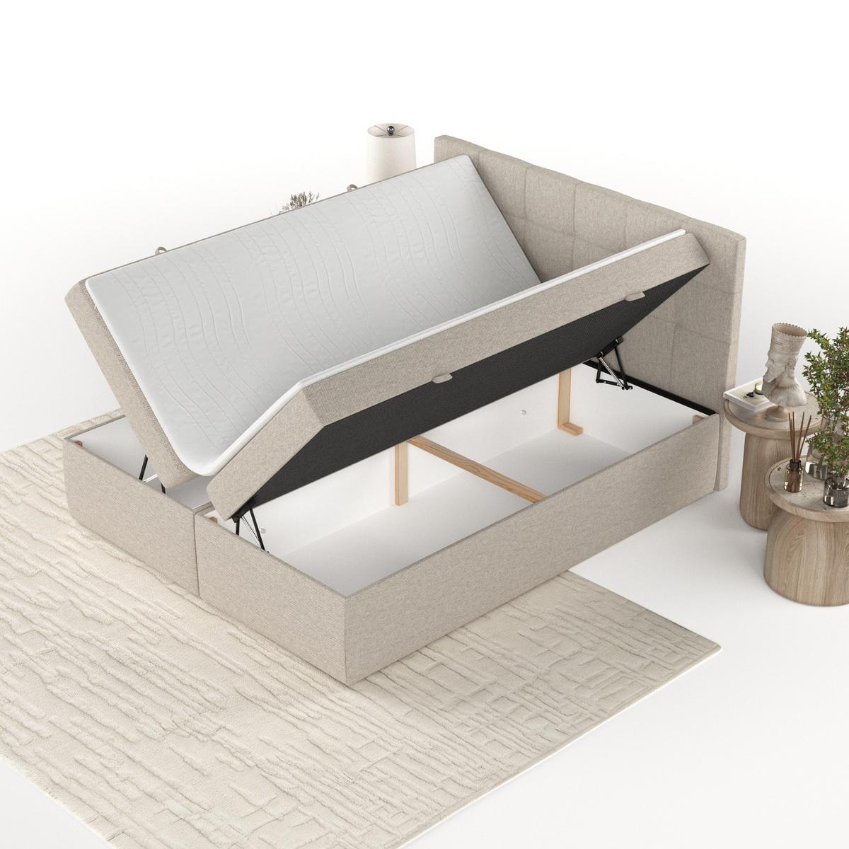 BOXBETT Lean 140/200 cm Hellbeige im Megan Stoff - Sandfarben/Schwarz, Holz/Holzwerkstoff (140/200cm) - AltaBeds