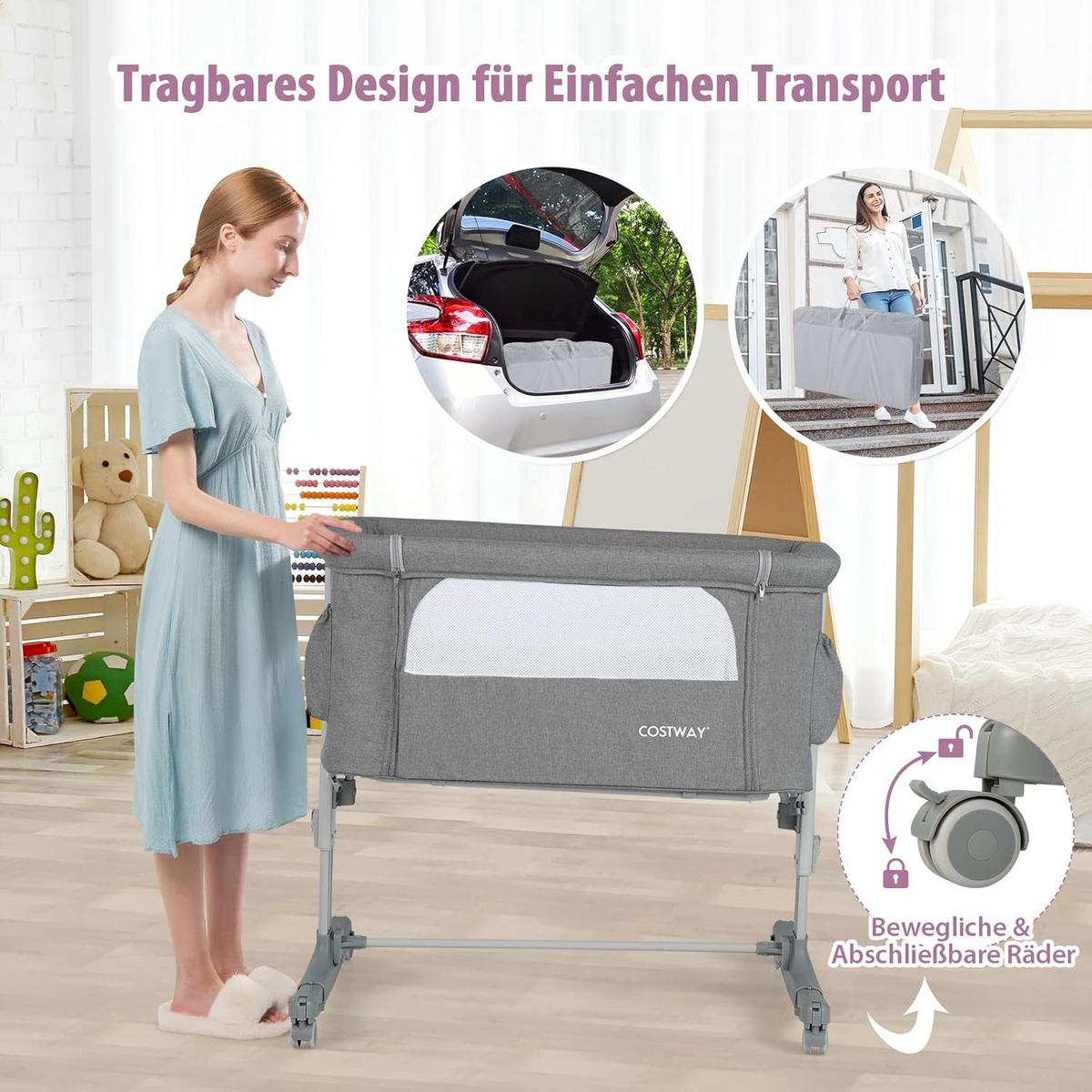 BABYBETT 3 in 1 Beistellbett Hellgrau - Dunkelgrau, Metall - COSTWAY