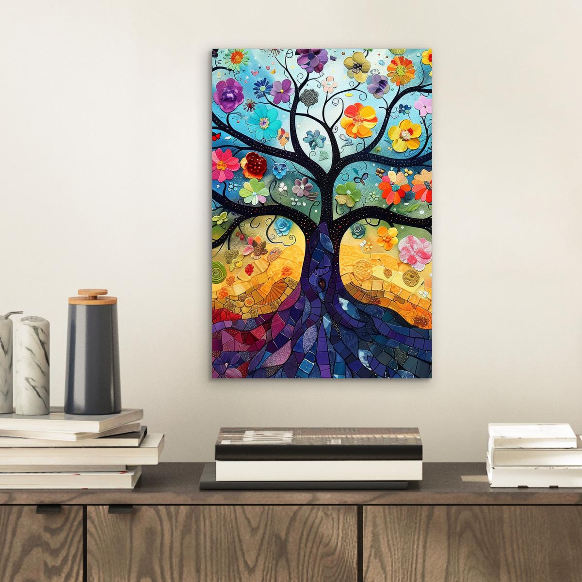 METALLBILD Kunst - Baum des Lebens - Blumen - Hippie 20x30 cm - Dunkelblau, Metall (20/30cm) - MuchoWow