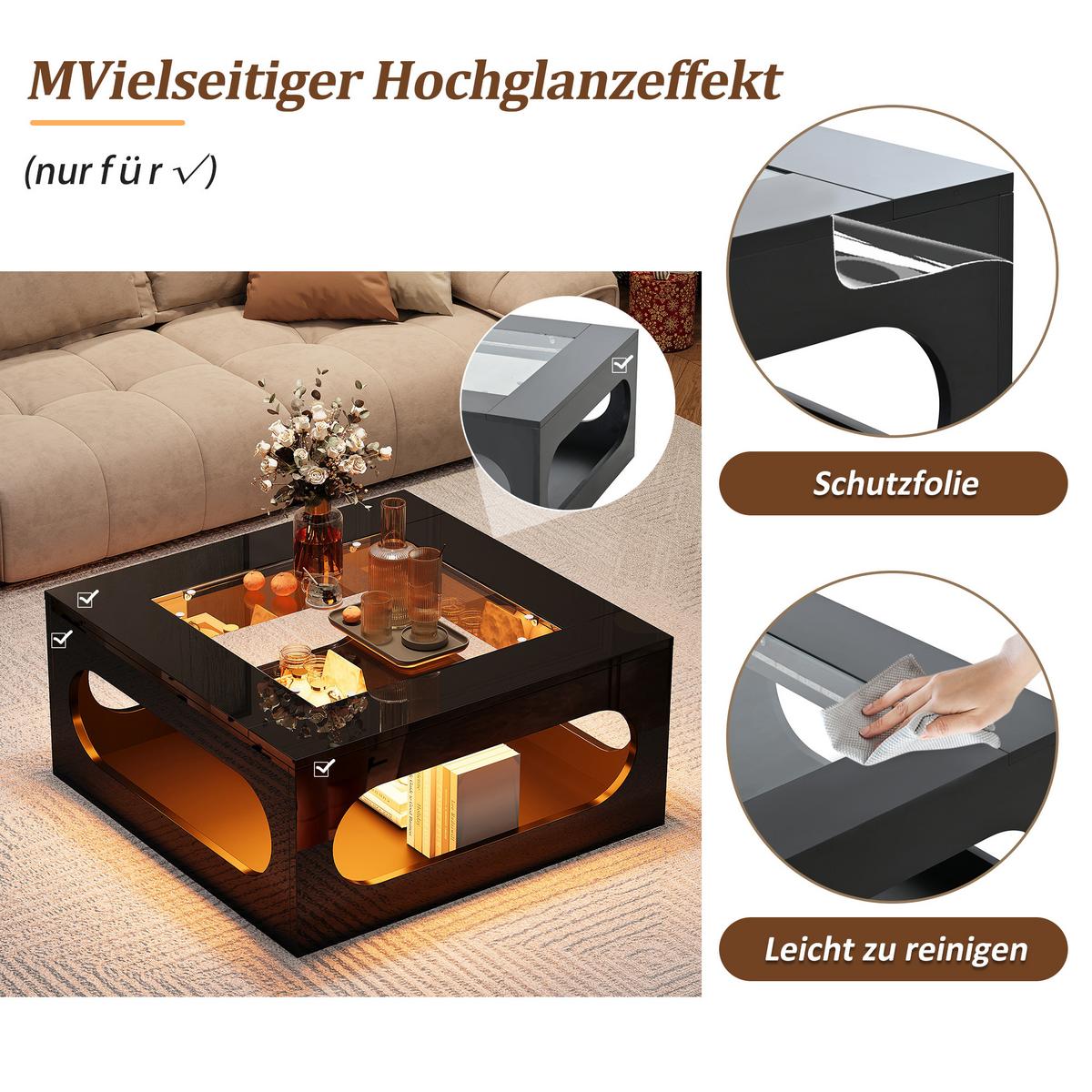 COUCHTISCH in Schwarz-Hochglanz mit LED-Beleuchtung und Glasplatte - Weiß, Holzwerkstoff (70/70/35cm) - Urban Meuble