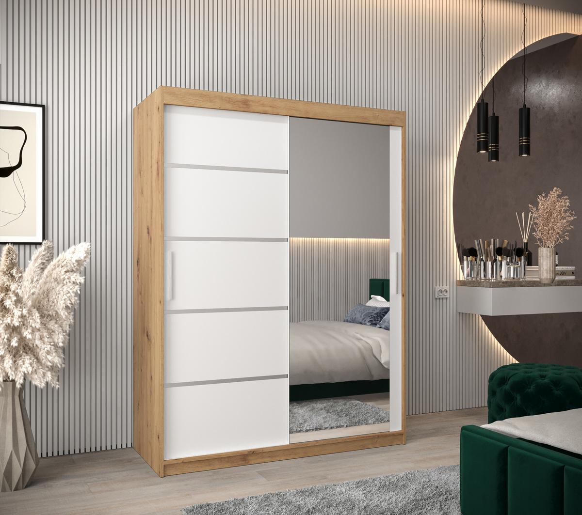 SCHWEBETÜRENSCHRANK 200/150/62 2-türig - Silberfarben/Weiß, Holz/Kunststoff (150/200/62cm) - MÖBEL KRYSPOL