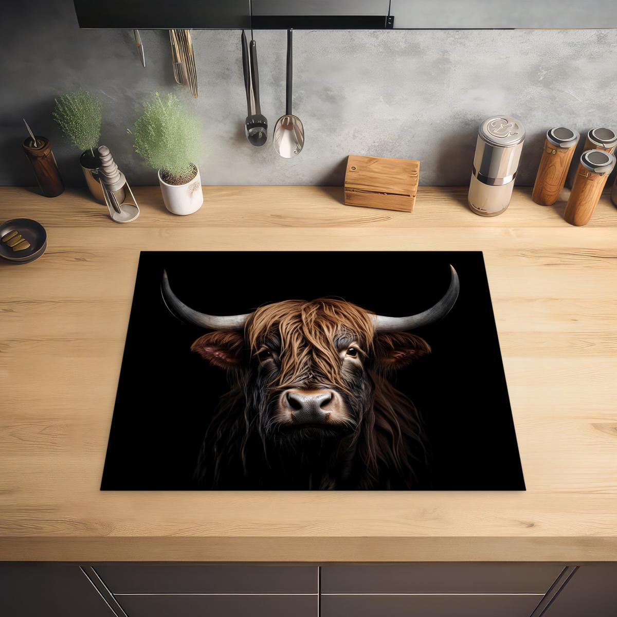HERDABDECKPLATTE Schottischer Highlander - Porträt - Schwarz - Tier Herdabdeckung Induktionsfeld 65x52 cm - Braun, Kunststoff (65/52/0.2cm) - MuchoWow