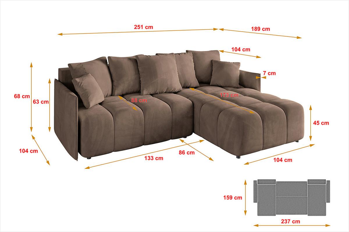 ECKSOFA Ottomane rechts LONLI-L 251x189x68 Braun Velours - Braun, Holzwerkstoff/Kunststoff (189/251cm) - ALTDECOR
