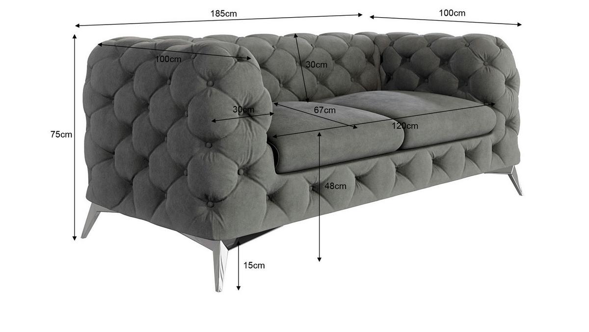 CHESTERFIELD-SOFA 2-Sitzer Laura Grau Samt - Silberfarben/Grau, Holz/Textil (185/75/100cm) - S-Style Möbel