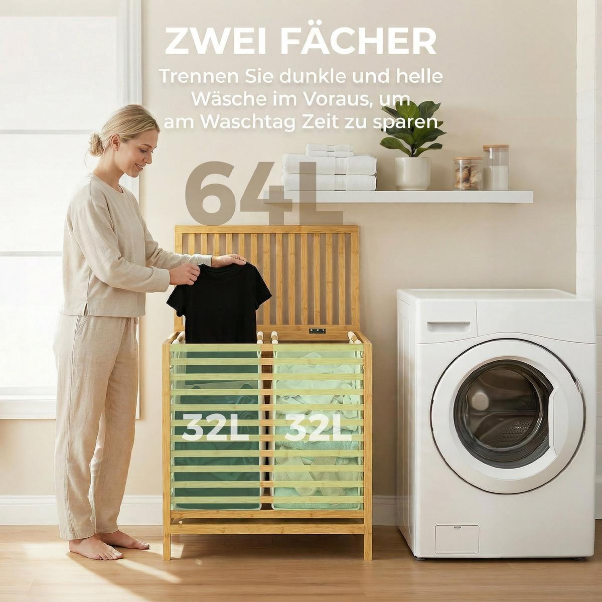 WÄSCHEKORB Bambus Polyester Naturholz Cremeweiß - Naturfarben, Holz/Bambusholz (36/64.2/55cm) - HOMCOM