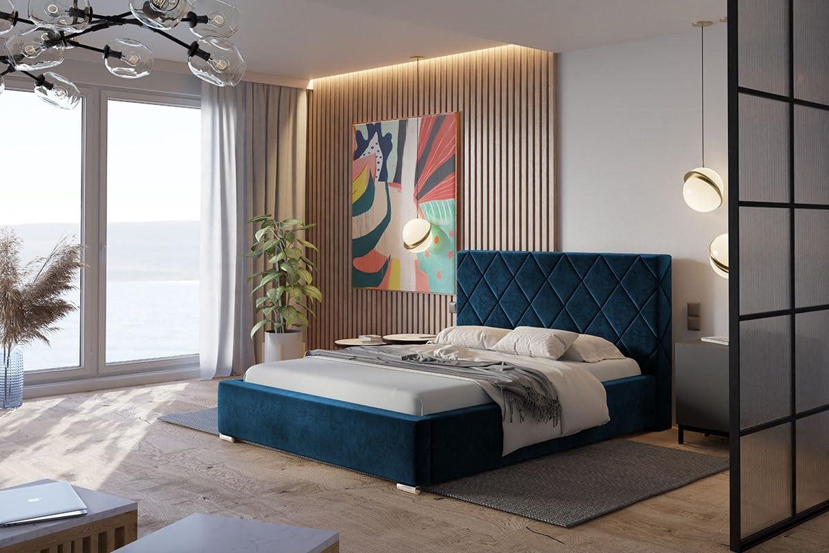 POLSTERBETT Málaga mit Kopfteil, 140x200 cm, Doppelbett mit Bettkasten und Lattenrost aus Holz, Velourstoff Dunkelblau - Dunkelblau, Holz/Textil (140/200cm) - Alpi-Möbel