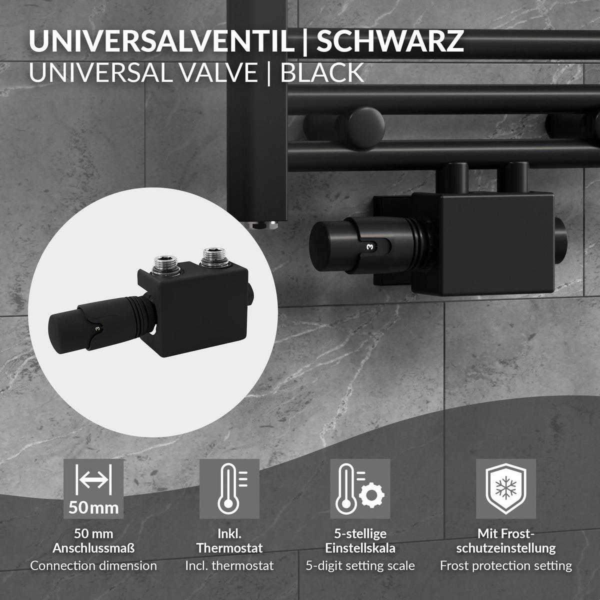 ANSCHLUSSGARNITUR Badheizkörper Schwarz Universal - Schwarz, Metall - LuxeBath