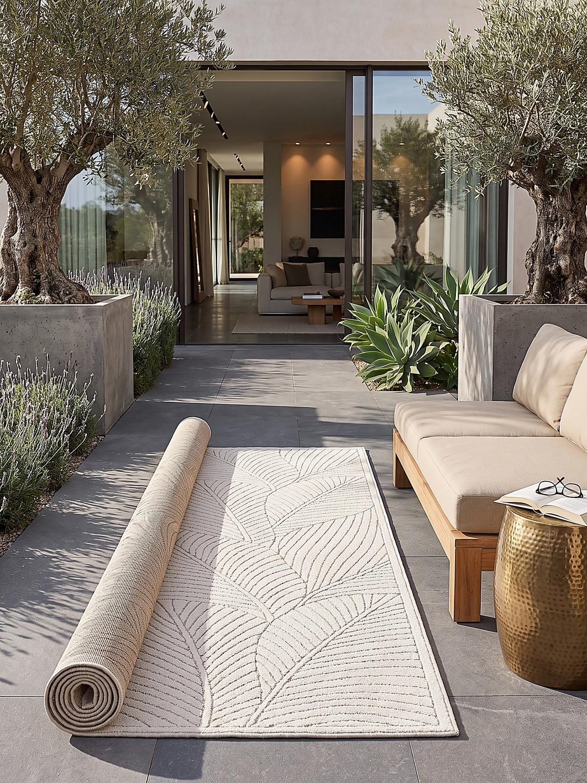 LÄUFER Outdoor, Fußbodenheizung-geeignet, mit Blattmotiv, ENGADIN in Creme, 80 x 150 cm - Creme, Textil (80/150cm) - KADIMA DESIGN