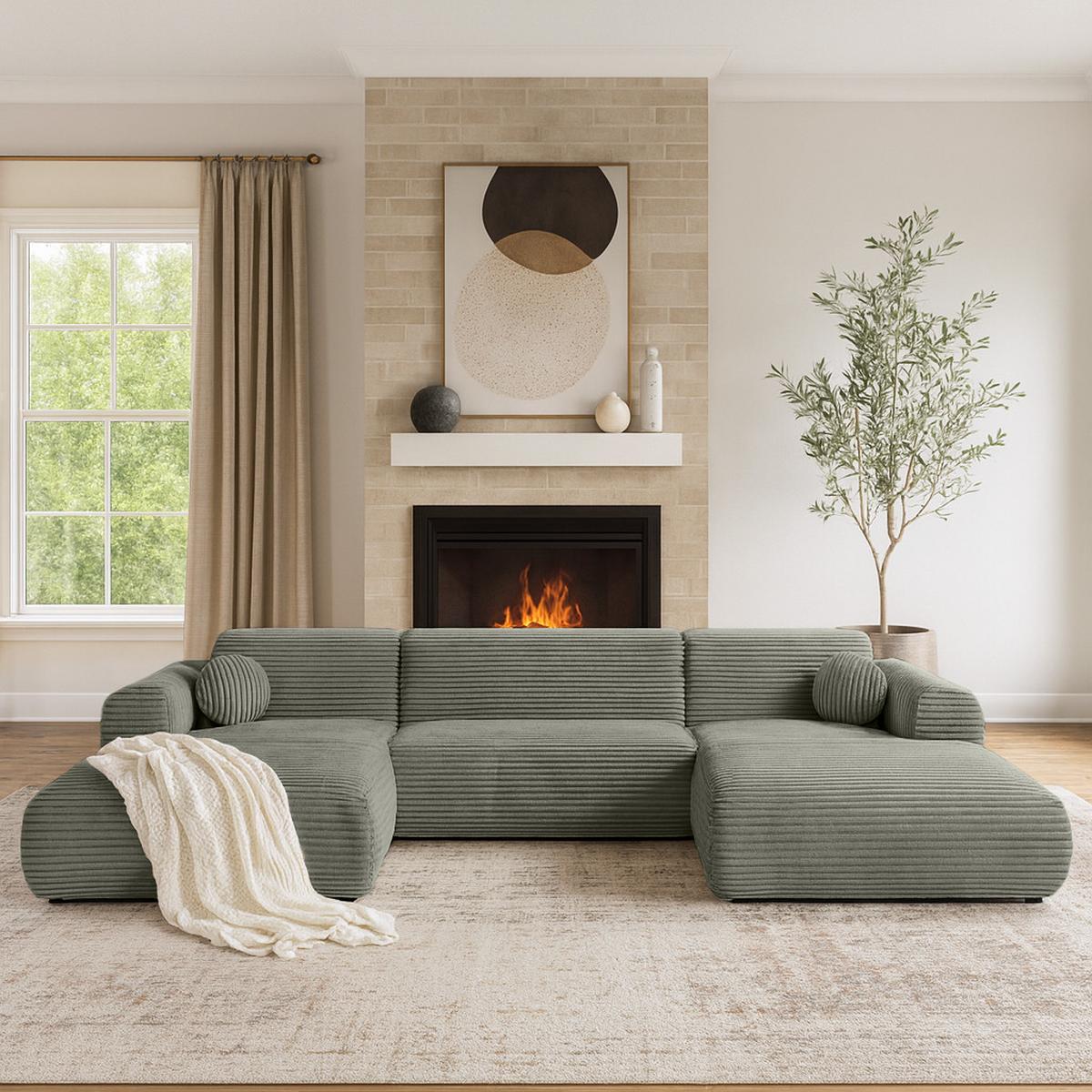WOHNLANDSCHAFT Puerto U ohne Schlaffunktion, Grün, Cordstoff - Schwarz/Grün, Holzwerkstoff (363/76/170cm) - Beautysofa