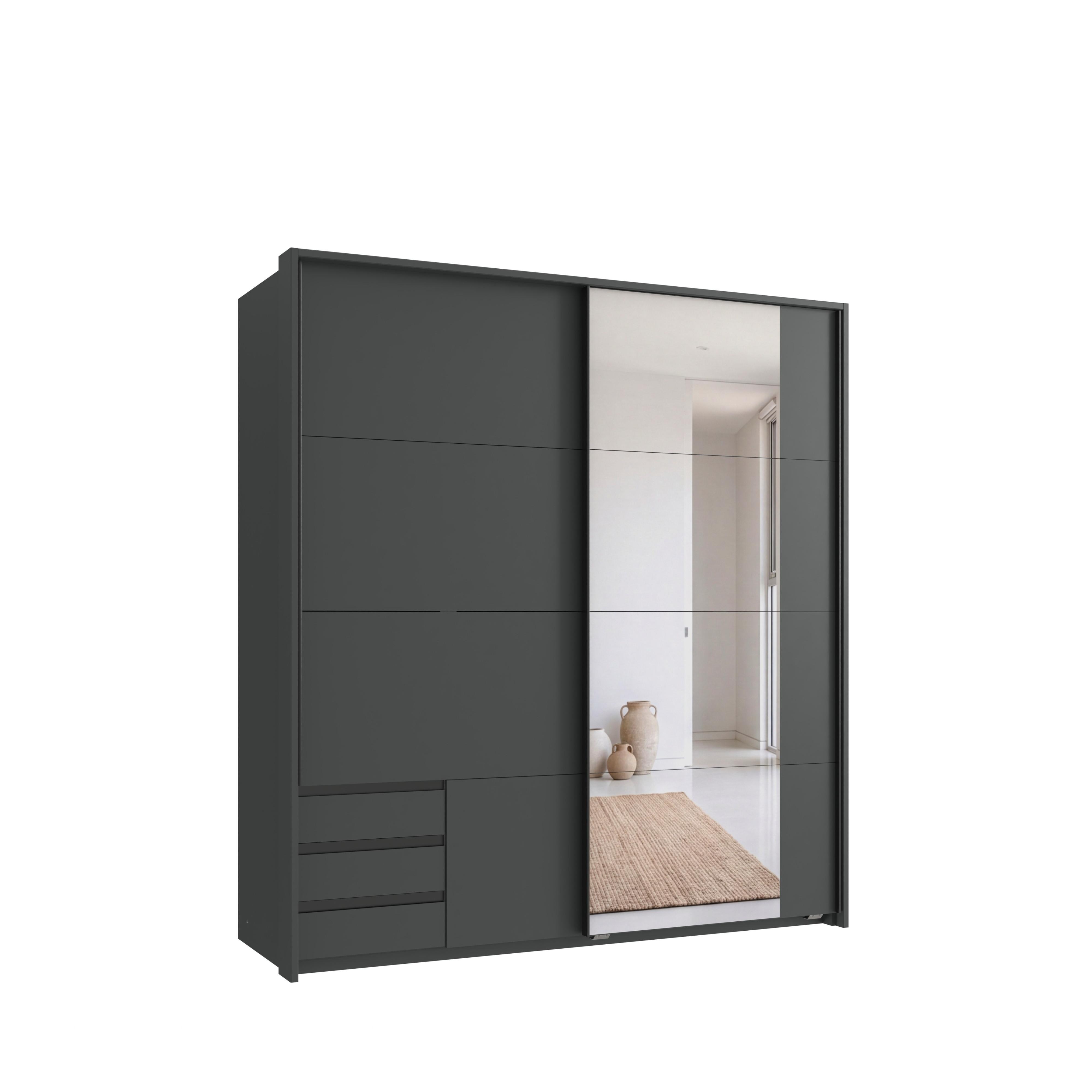 SCHWEBETÜRENSCHRANK 2-türig B183/H200/T65 cm, Passepartout-Kleiderschrank in Grafit mit sichtbaren Schubkästen & Spiegel / 22714 - Graphitfarben/Schwarz, Holz/Holzwerkstoff (183/200/65cm) - luma-home