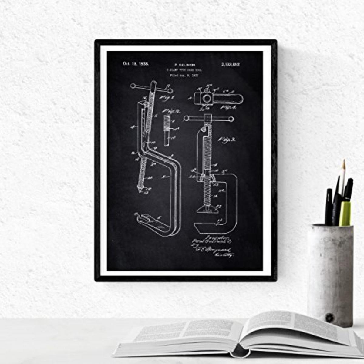 POSTER Set mit 4 Schwarz Patenten Werkzeuge 2 A4 Schwarzer Rahmen - Schwarz, Papier (29.7/3cm) - Nacnic