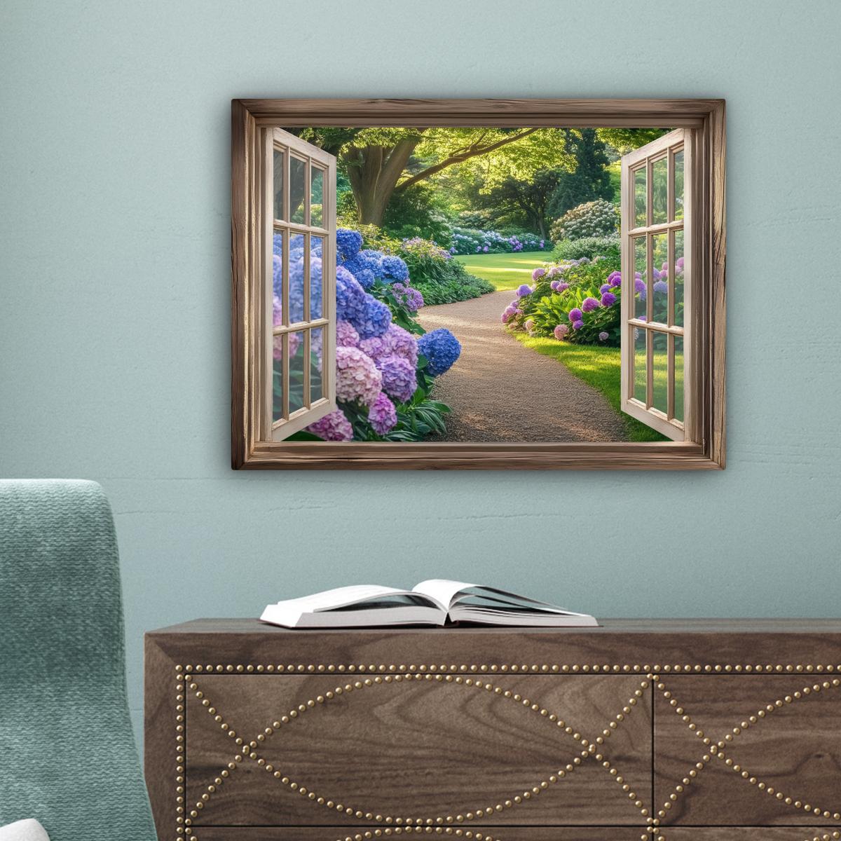 LEINWANDBILD Aussicht - Garten - Fenster - Hortensie - Blumen Wandbild 40x30 cm - Pastellblau, Textil (40/30cm) - MuchoWow