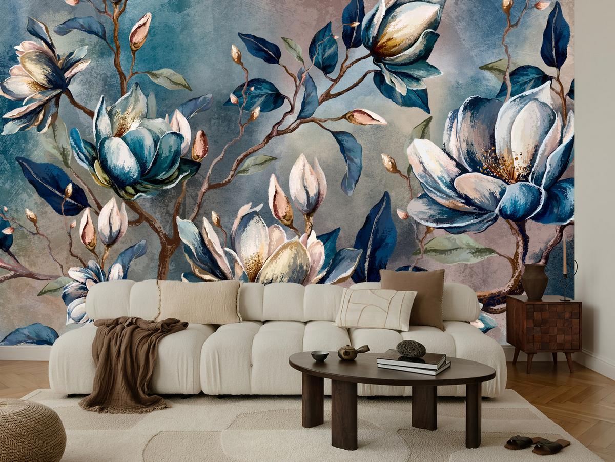 FOTOTAPETE für Wohnzimmer Wunderschöne Magnolien Blätter Zweige Blumen 350x256 - Multicolor, Papier (350/256cm) - Muralo
