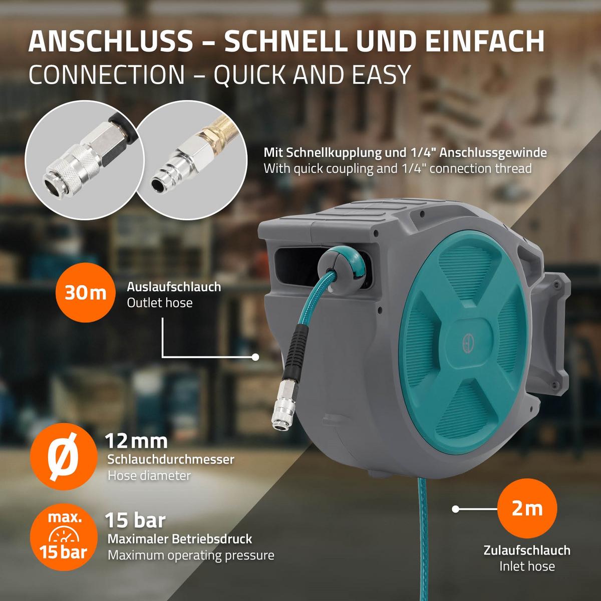 DRUCKLUFTSCHLAUCHTROMMEL 30m+2m - Grau, Kunststoff (20/40/55cm) - ECD-Germany