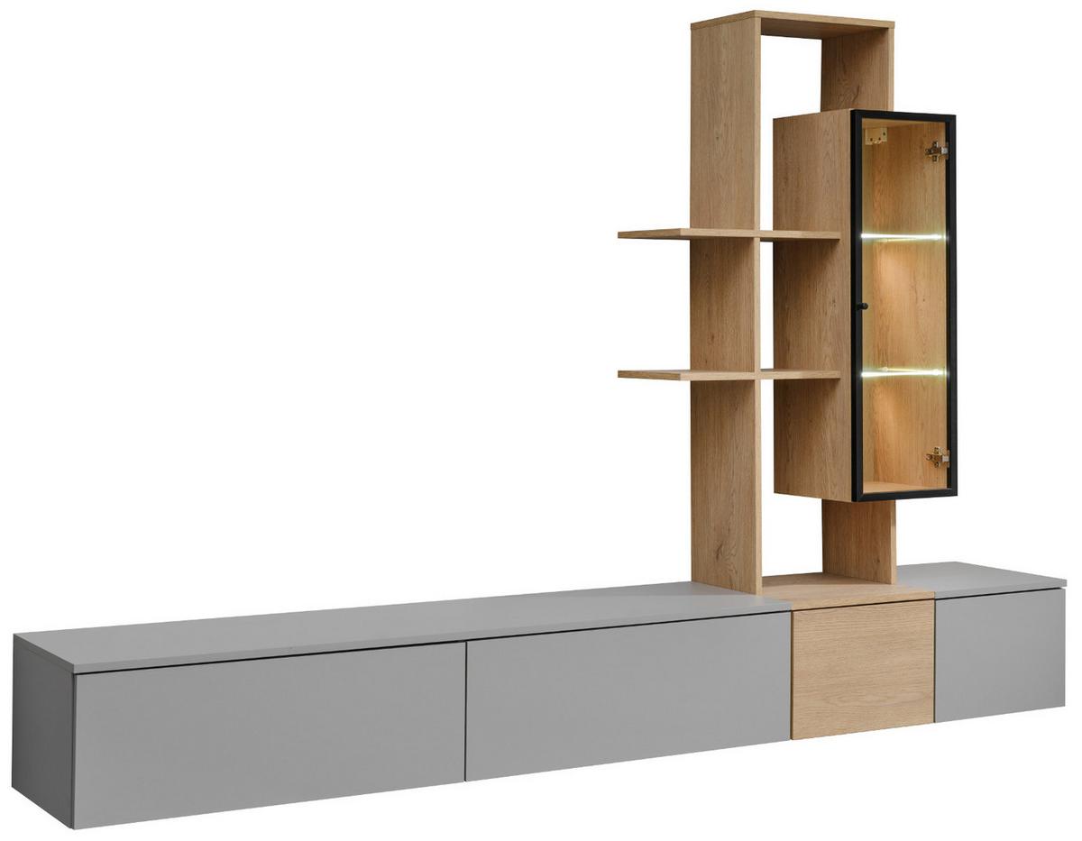 WOHNWAND Arktis-Grau, Cremona Eiche hängend 240 cm, Schrankwand mit LED und Push-to-Open - Eichefarben/Hellgrau, Glas/Holzwerkstoff (240/160/40cm) - Inn.Furn
