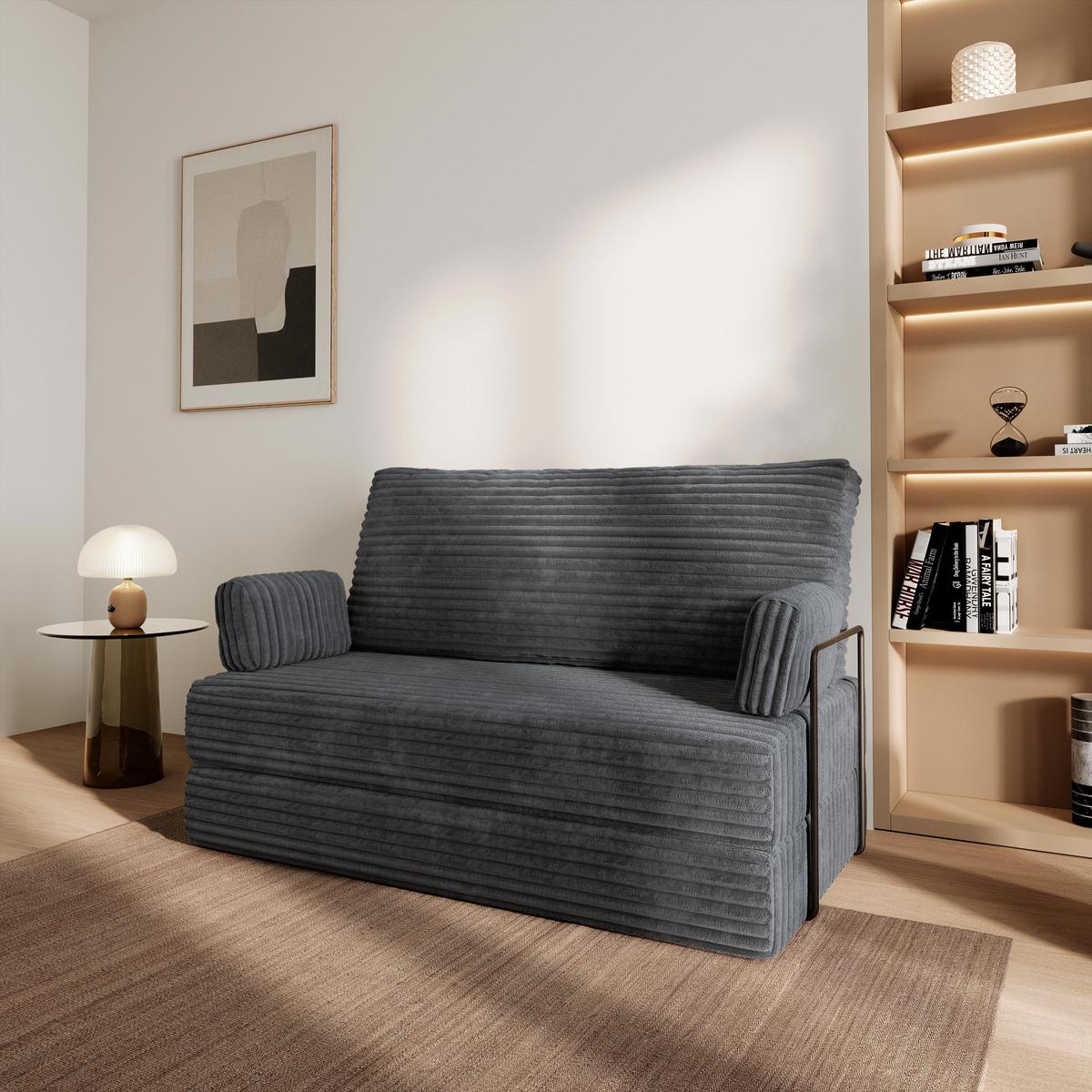 BETTSOFA LADIA aus Schaumstoff Kordstoff Grau Schlaffunktion - Dunkelgrau, Textil (140/86/60cm) - MASSENO