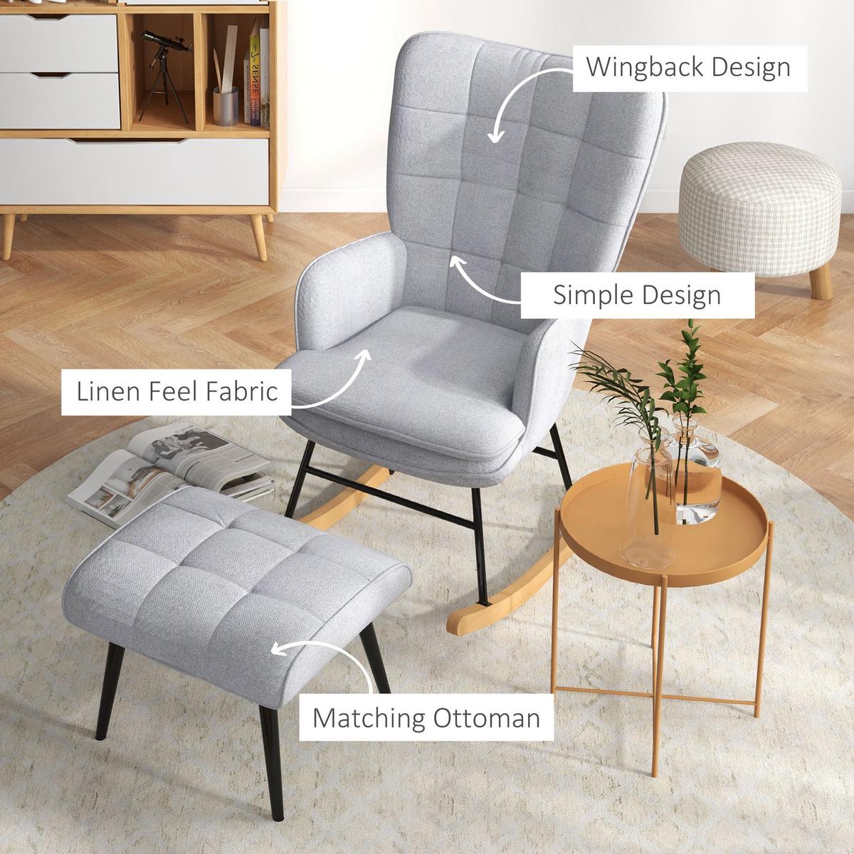 SCHAUKELSTUHL Schwingsessel mit Hocker Armlehnsessel Relaxsessel mit Leinenoptik - Hellgrau/Schwarz, Buchenholz/Textil (89/90/64cm) - HOMCOM