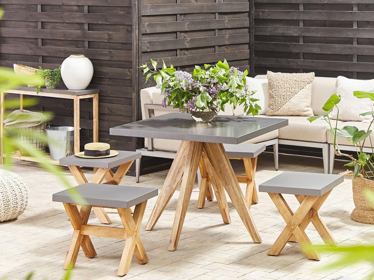 GARTENMÖBEL SET 4-Sitzer Faserzement grau 5-teilig Tisch quadratisch Olbia - Hellbraun/Grau, Stein - Beliani