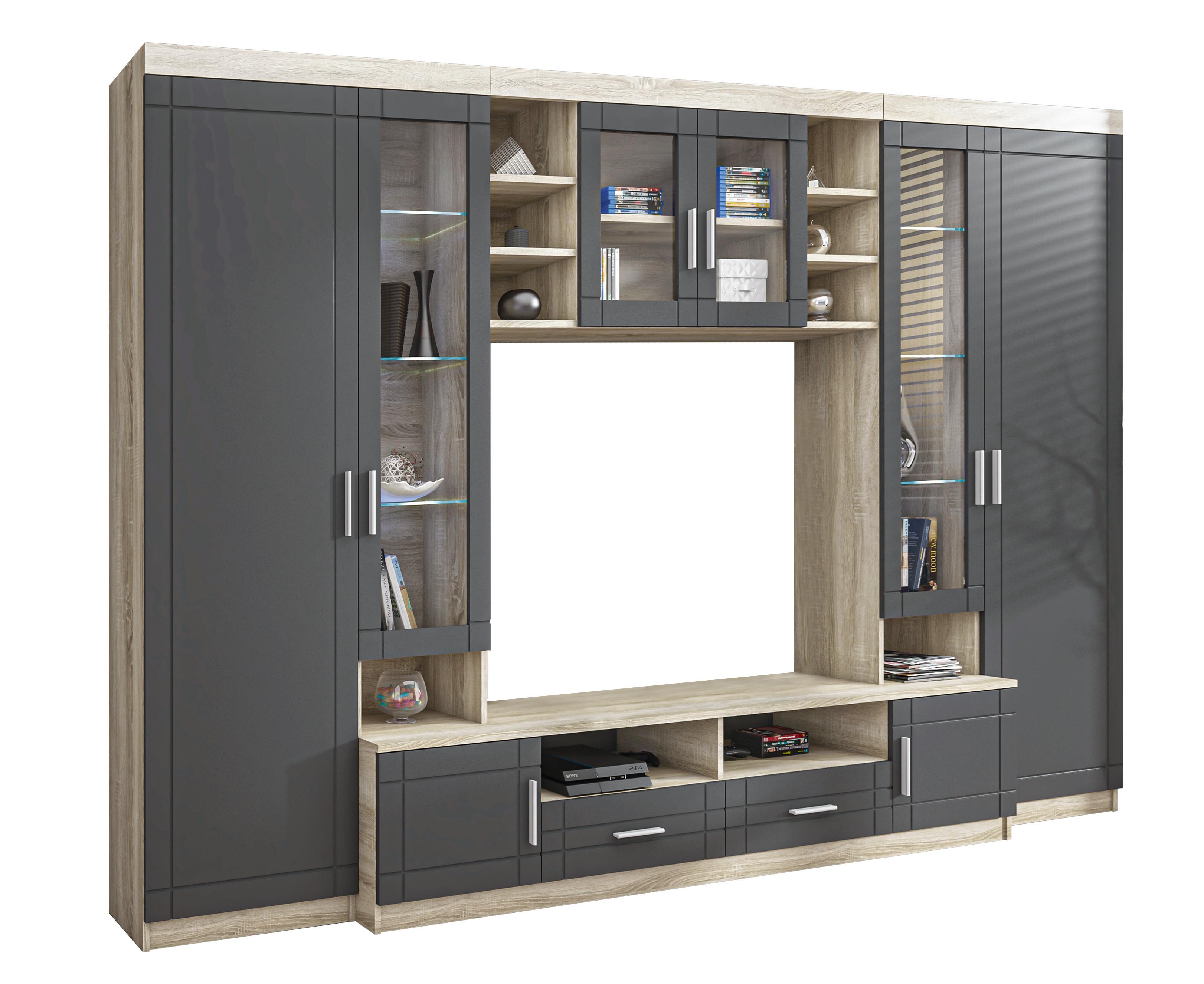 WOHNWAND Parisca Sonoma Eiche, Graphit 340/198/44 cm mit viel Stauraum - Beige/Grau, Holzwerkstoff/Kunststoff (340/198/44cm) - AX Living