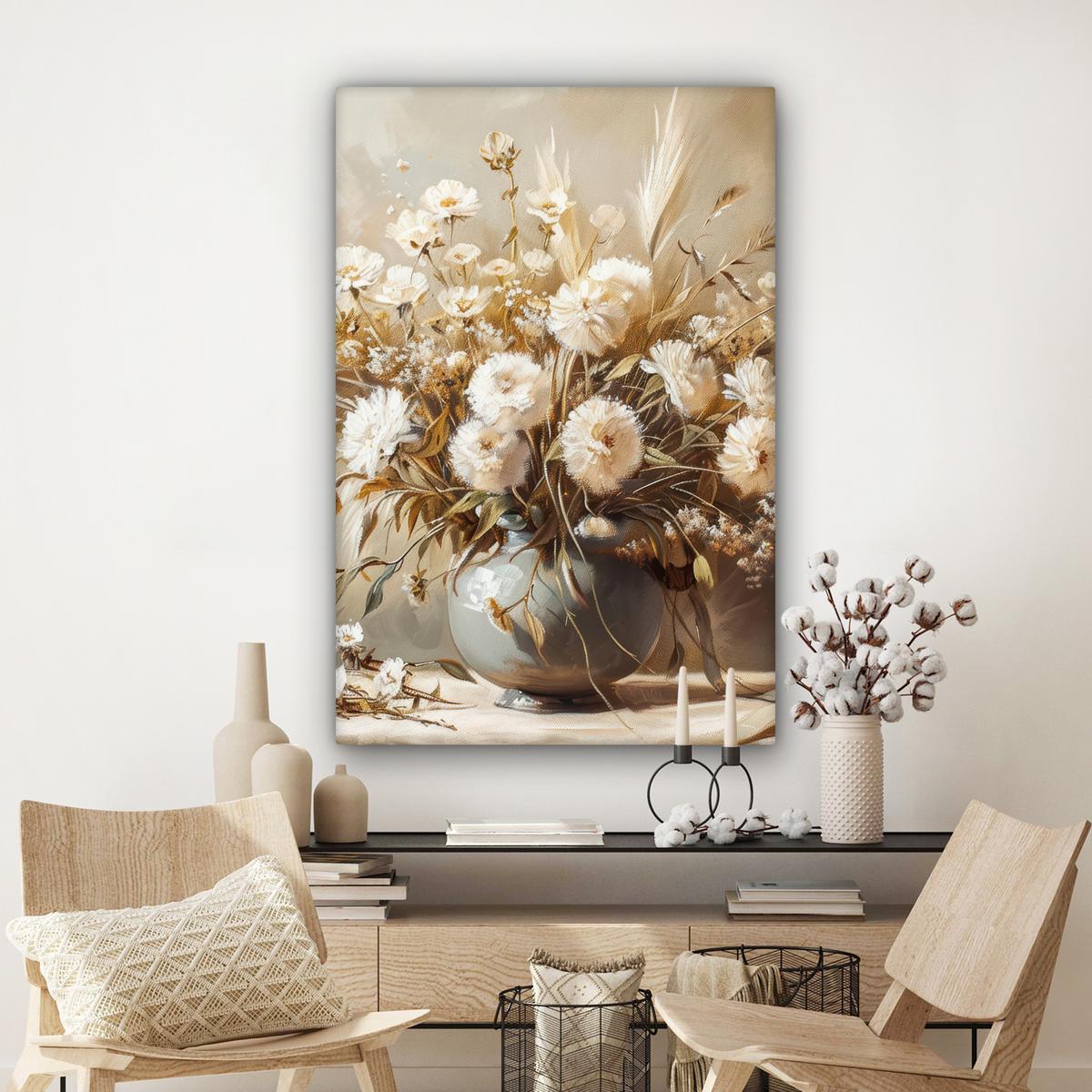 LEINWANDBILD Blumen - Vase - Stilleben - Beige Deko XXL 80x120 cm - Creme, Textil (80/120cm) - MuchoWow