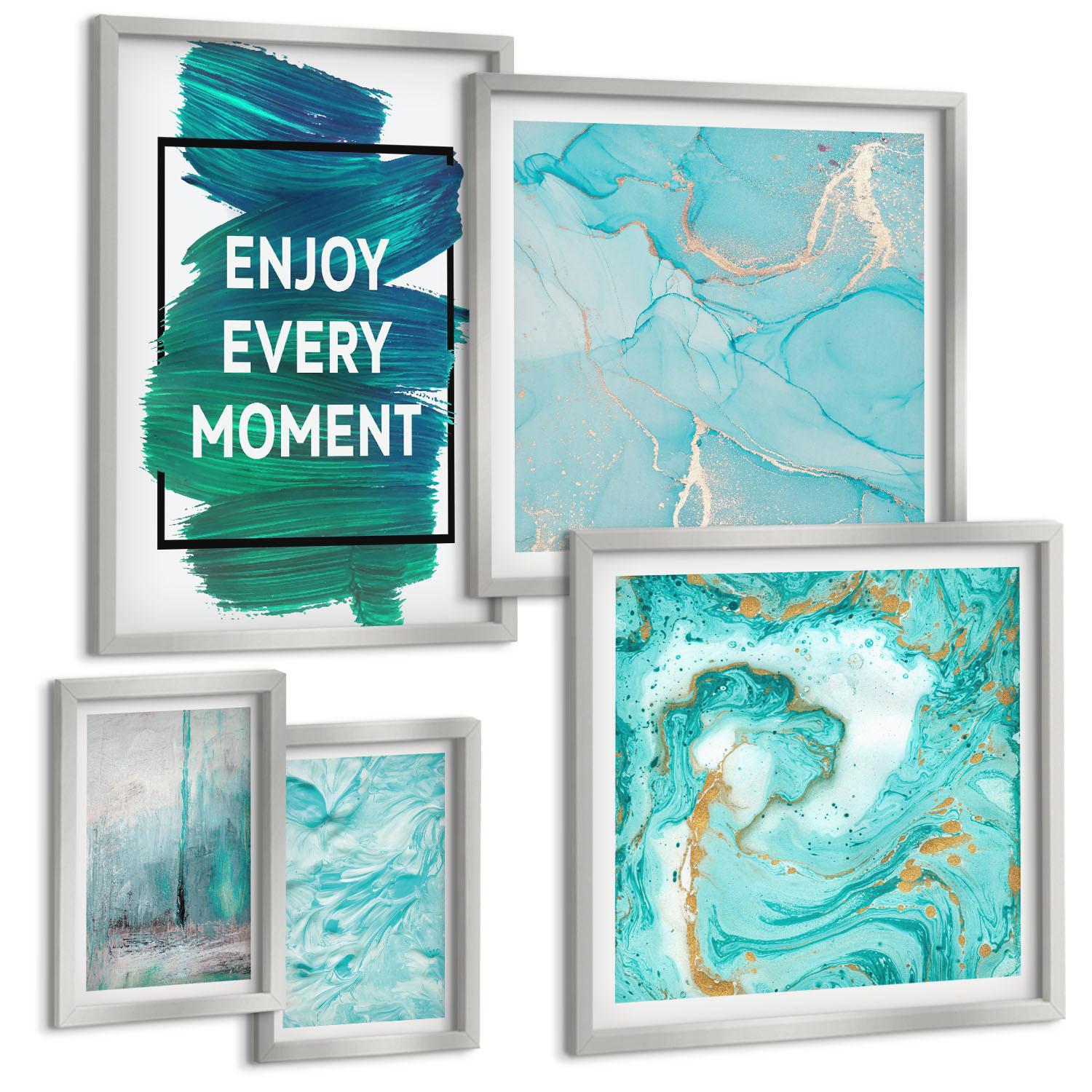 BILDER SET 5er Set - 50x50 cm & 20x30 cm & 40x60 cm Silberner Rahmen - Farbenfrohe Abstraktionen, Gesichter, Formen - Silberfarben, Kunststoff (40/60cm) - TULUP