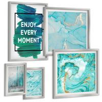 BILDER SET 5er Set - 50x50 cm & 20x30 cm & 40x60 cm Silberner Rahmen - Farbenfrohe Abstraktionen, Gesichter, Formen - Silberfarben, Kunststoff (40/60cm) - TULUP