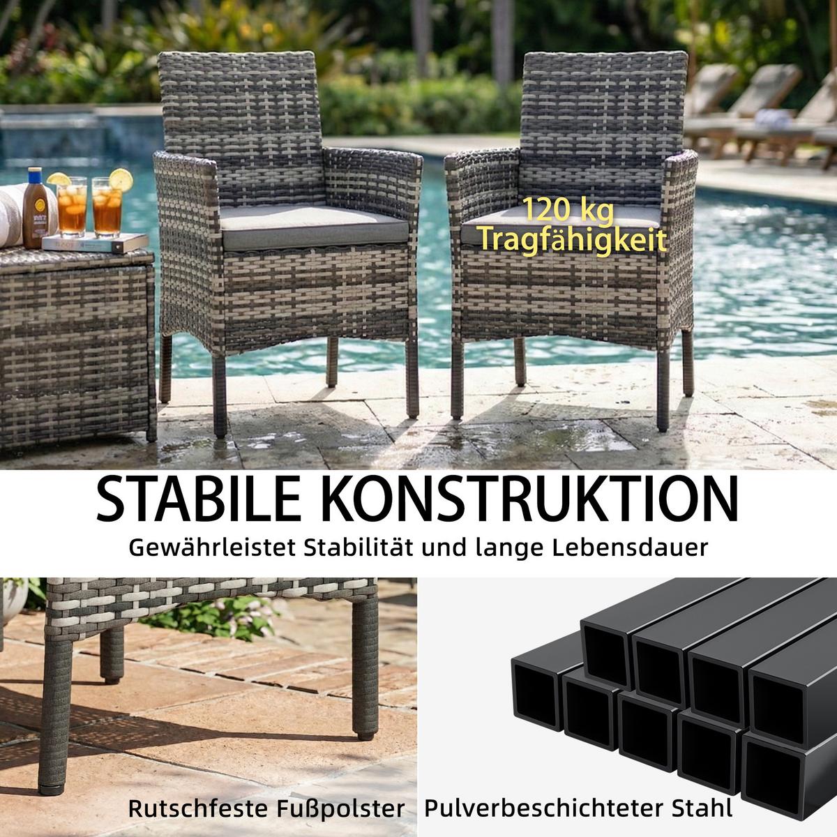 RATTANSTÜHLE 2er Set PE-Rattan Stahl Grau - Grau, Textil/Metall - Outsunny