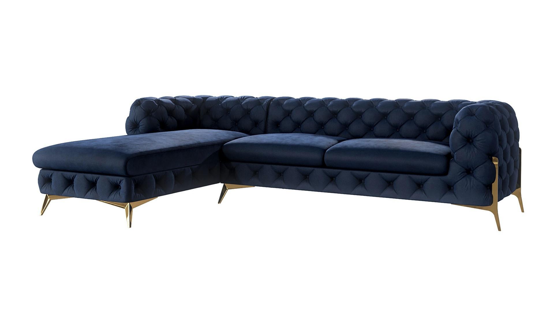 ECKSOFA Chesterfield Lexi Marineblau Samt, Ottomane links - Goldfarben/Dunkelblau, Holz/Textil (305/200cm) - S-Style