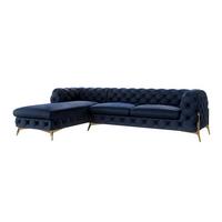 ECKSOFA Chesterfield Lexi Marineblau Samt, Ottomane links - Goldfarben/Dunkelblau, Holz/Textil (305/200cm) - S-Style
