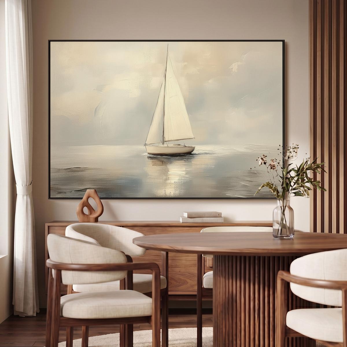 LEINWAND Bilder mit Rahmen - Segelschiff - Meer - Bewölkt - 150x100 - Creme, Textil (150/100cm) - MuchoWow