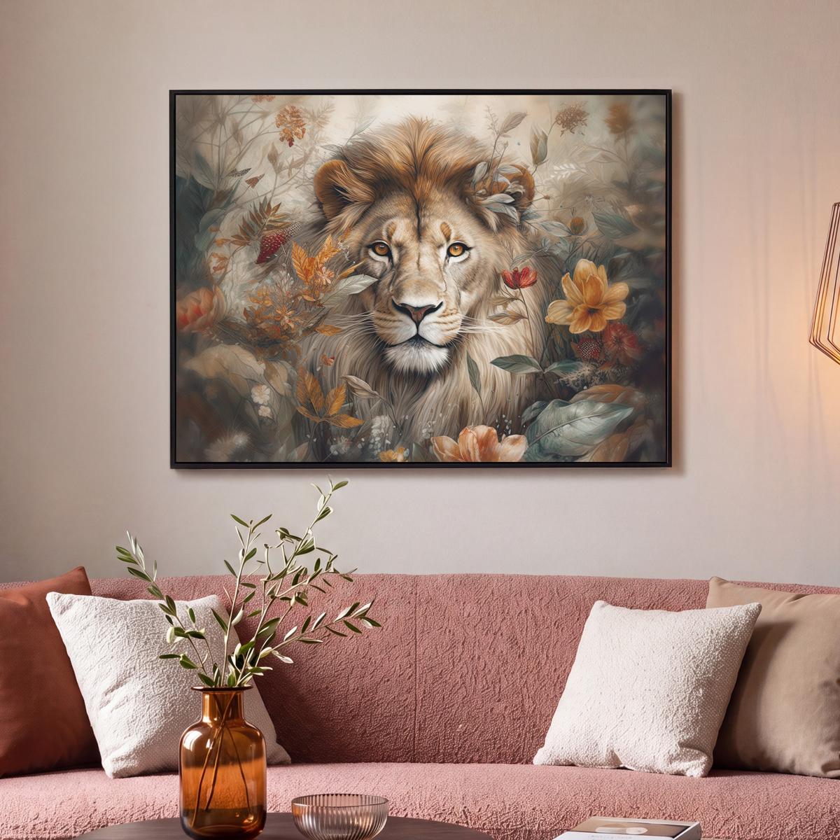 LEINWAND Bilder mit Rahmen - Löwe - Wildtiere - Pflanzen - Natur - Blumen - 100x70 - Beige, Textil (100/70cm) - MuchoWow