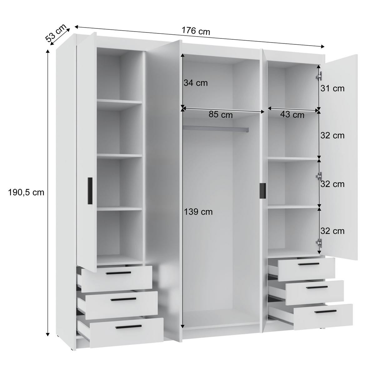 DREHTÜRENSCHRANK Elena mit 4 Türen, 6 Schubladen und Spiegel, 176 cm, Weiß - Weiß, Holzwerkstoff (176/190/53cm) - Beautysofa
