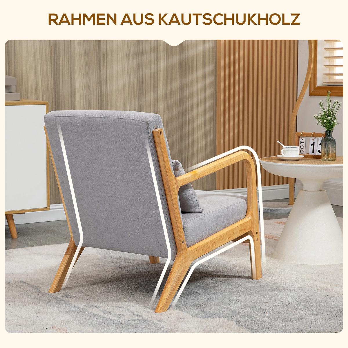 SESSEL Loungesessel mit Armlehne, Lendenkissen, S-Feder für Schlafzimmer, Grau - Naturfarben/Grau, Holz/Textil (61/76/78cm) - HOMCOM