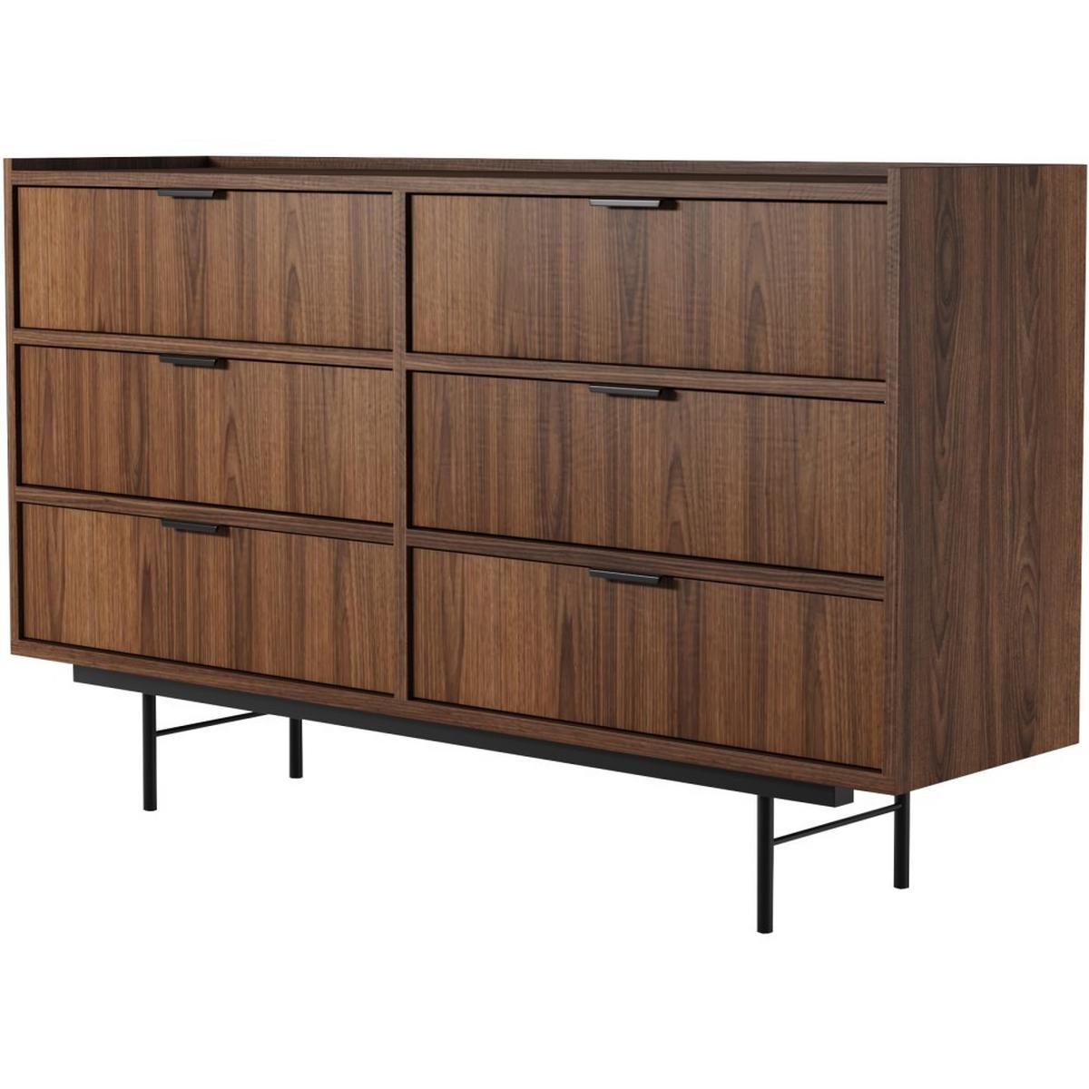 KOMMODE Evron mit 6 Schubladen, Walnuss - Dunkelbraun/Schwarz, Holzwerkstoff/Metall (150/90/40cm) - Beautysofa