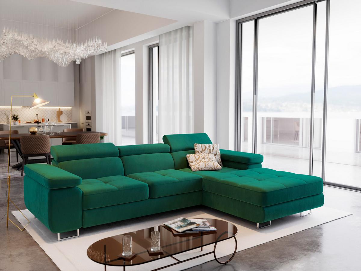 ECKSOFA ELMA R-S Grün Velours-Stoff mit Schlaffunktion - Silberfarben/Grün, Holz/Textil (280/205cm) - MASSENO